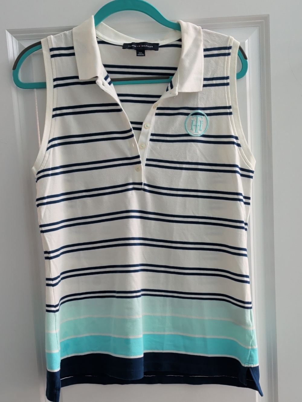 Tommy Hilfiger Sleeveless Striped Polo — White, Navy & Aqua